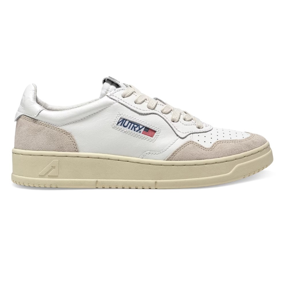 Autry Medalist Bicolor Mid Low Top Sneakers in Beige and White